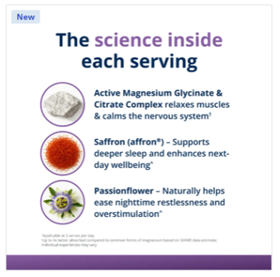 MagActive ad explaining the ingredients: magnesium glycinate and citrate, saffron, and passionflower, with claims to support relaxation, sleep, and next-day wellbeing.