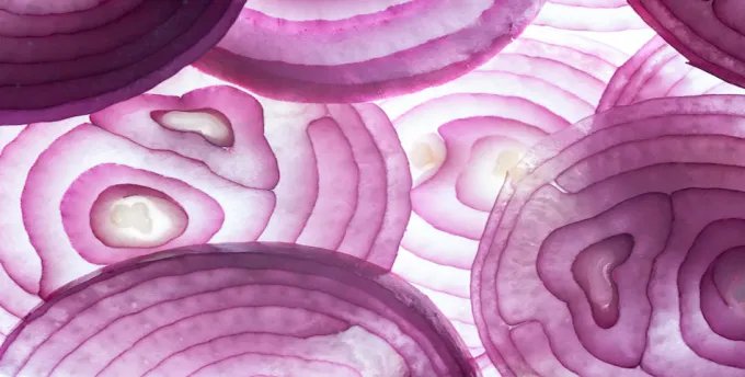 Close-up of sliced red onions showing purple and white concentric rings.