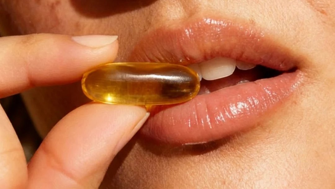 Closeup of woman taking omega-3 softgel