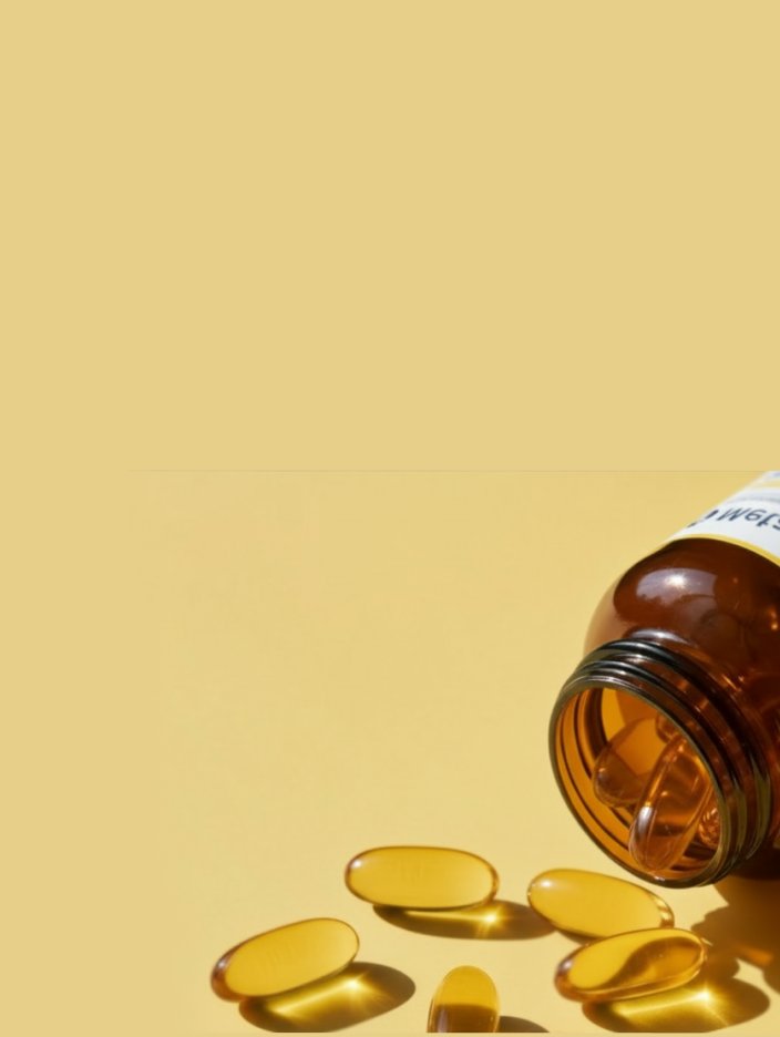 Omegagenics fish oil vitamins & supplements with golden softgel capsules spilling from an amber bottle.