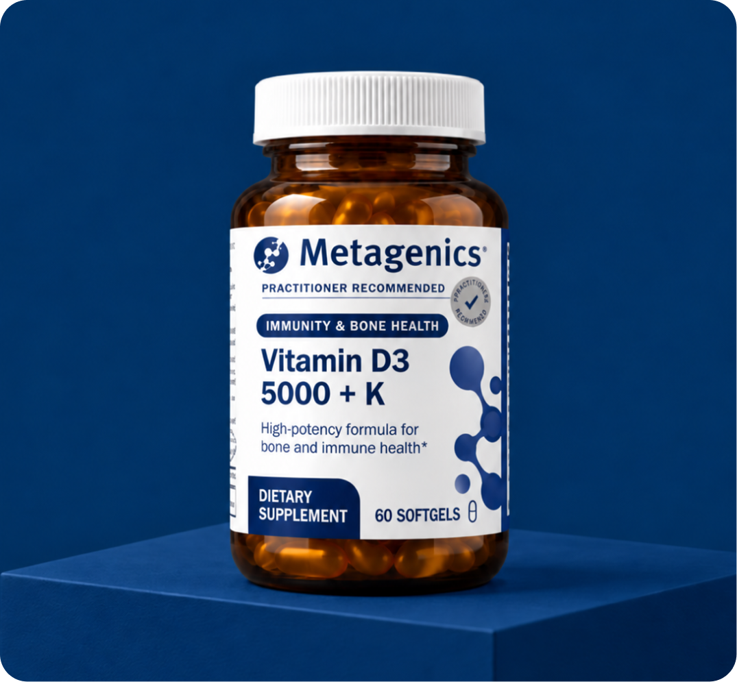 A Bottle of Metagenics Ultra Potent-C Vitamin C supplement displayed on a blue background.