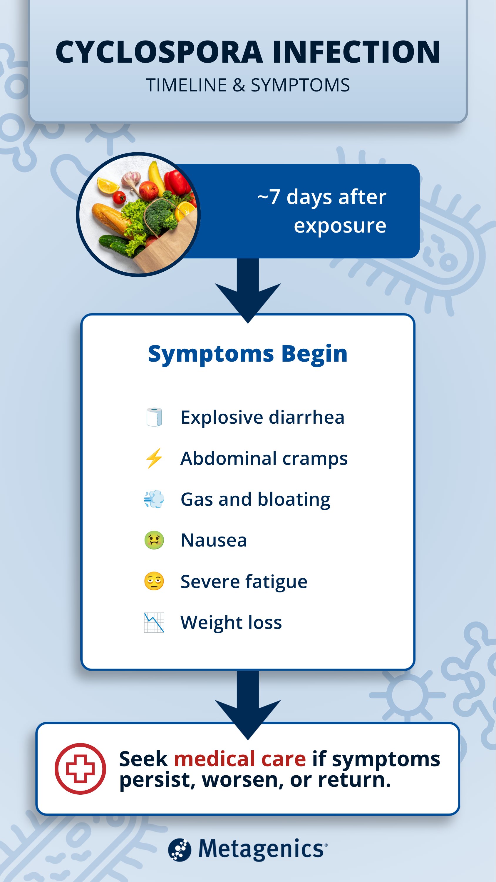 Metagenics infographic showing the typical Cyclospora infection timeline, with symptoms beginning about seven days after exposure and guidance on when to seek medical care.