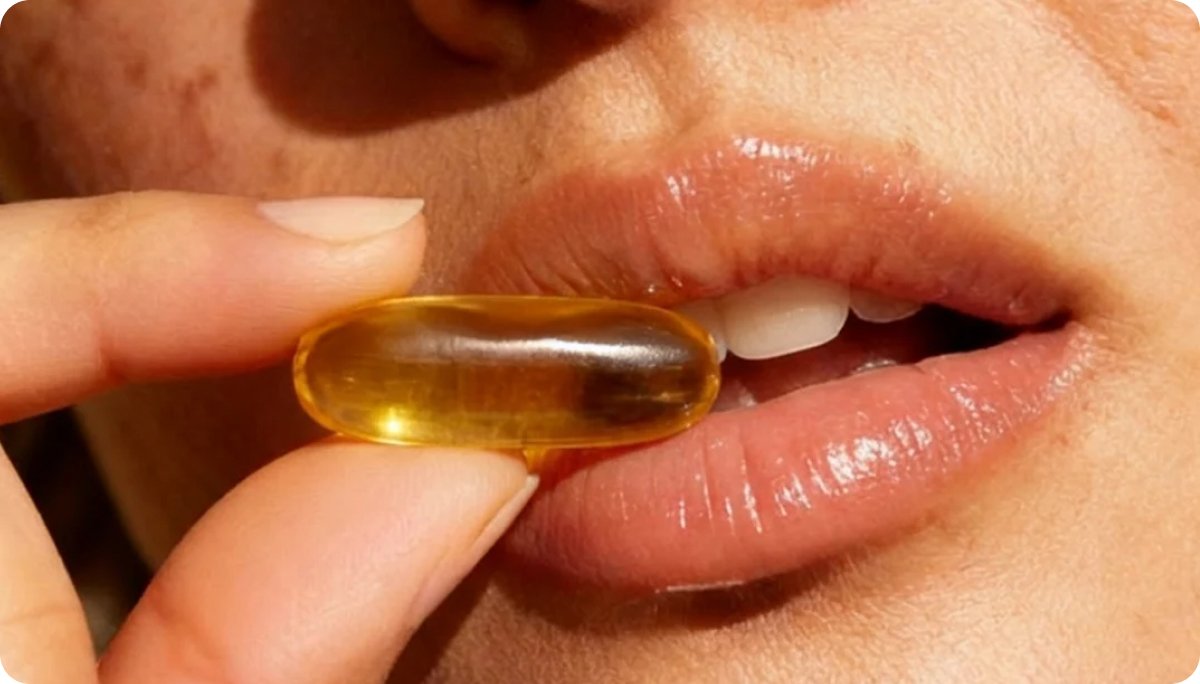 Person holding a translucent fish oil capsule near their lips, illustrating how to choose the right omega-3 supplement.