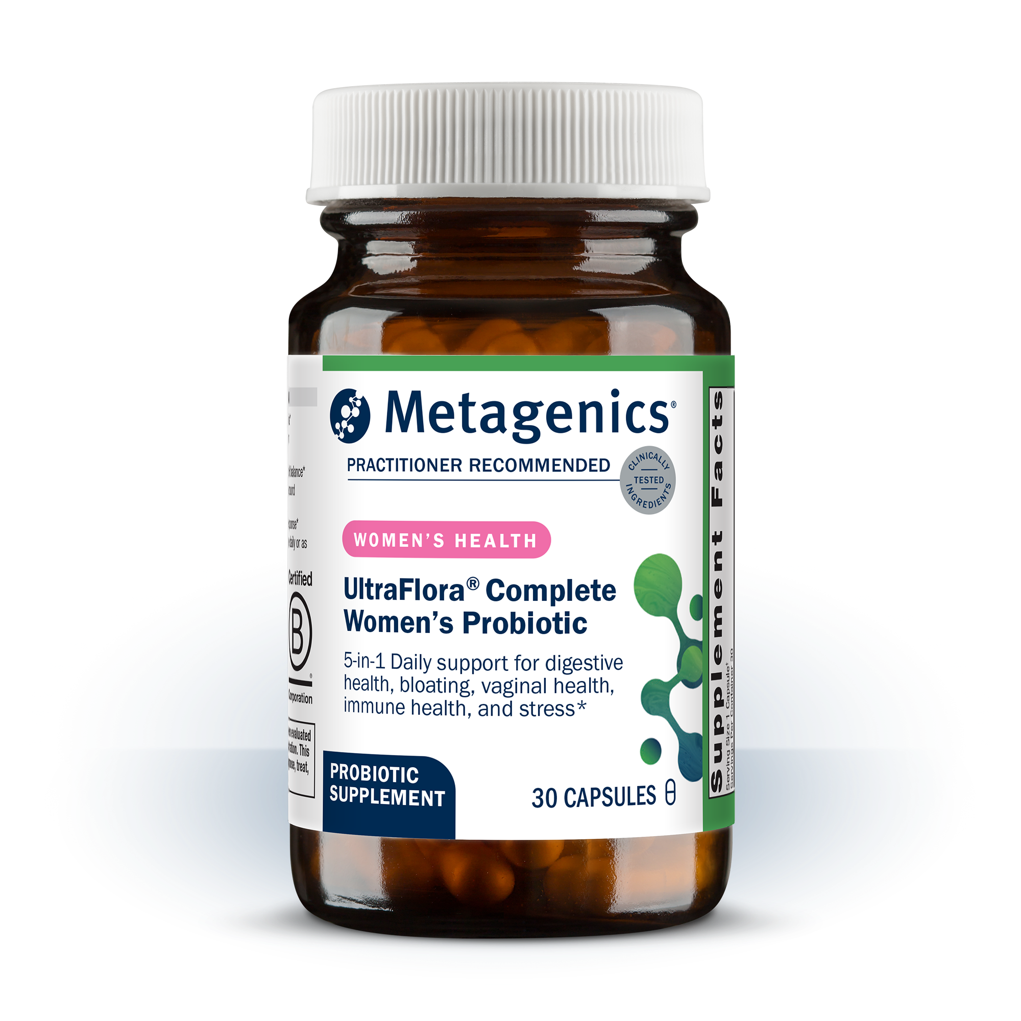Metagenics UltraFlora Complete Women’s Probiotic bottle, displayed on the New Year page to emphasize women’s vaginal, urinary, gut, mood & immune health support, backed by our 60-day money back guarantee.