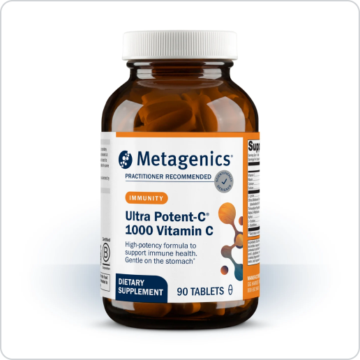 Brown glass bottle of Metagenics Ultra Potent‑C 1000 Vitamin C tablets with a white cap and a white label featuring blue and orange accents