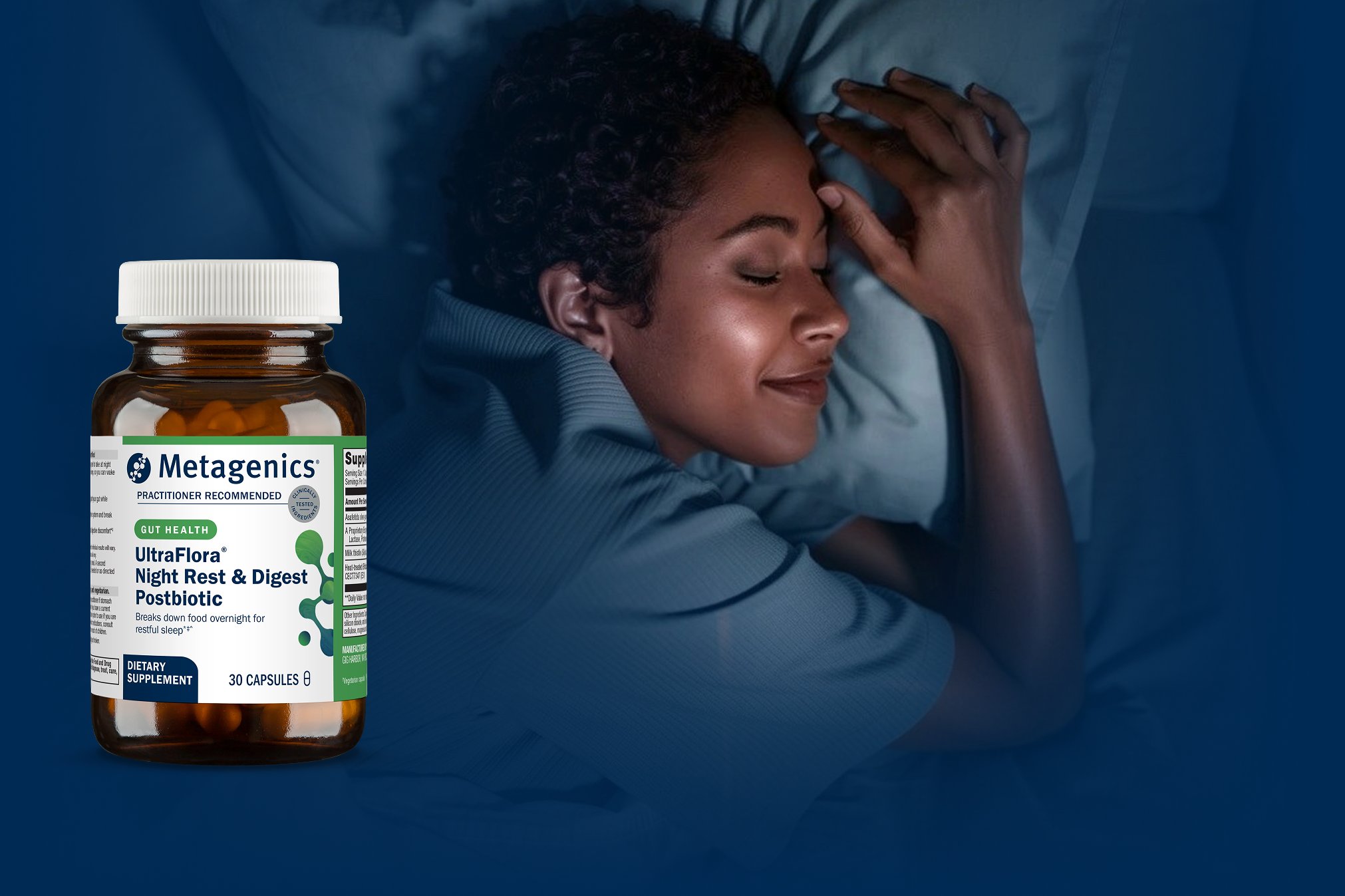  A woman sleeping peacefully in bed, used to illustrate nighttime digestive comfort supported by doctor recommended probiotics.
