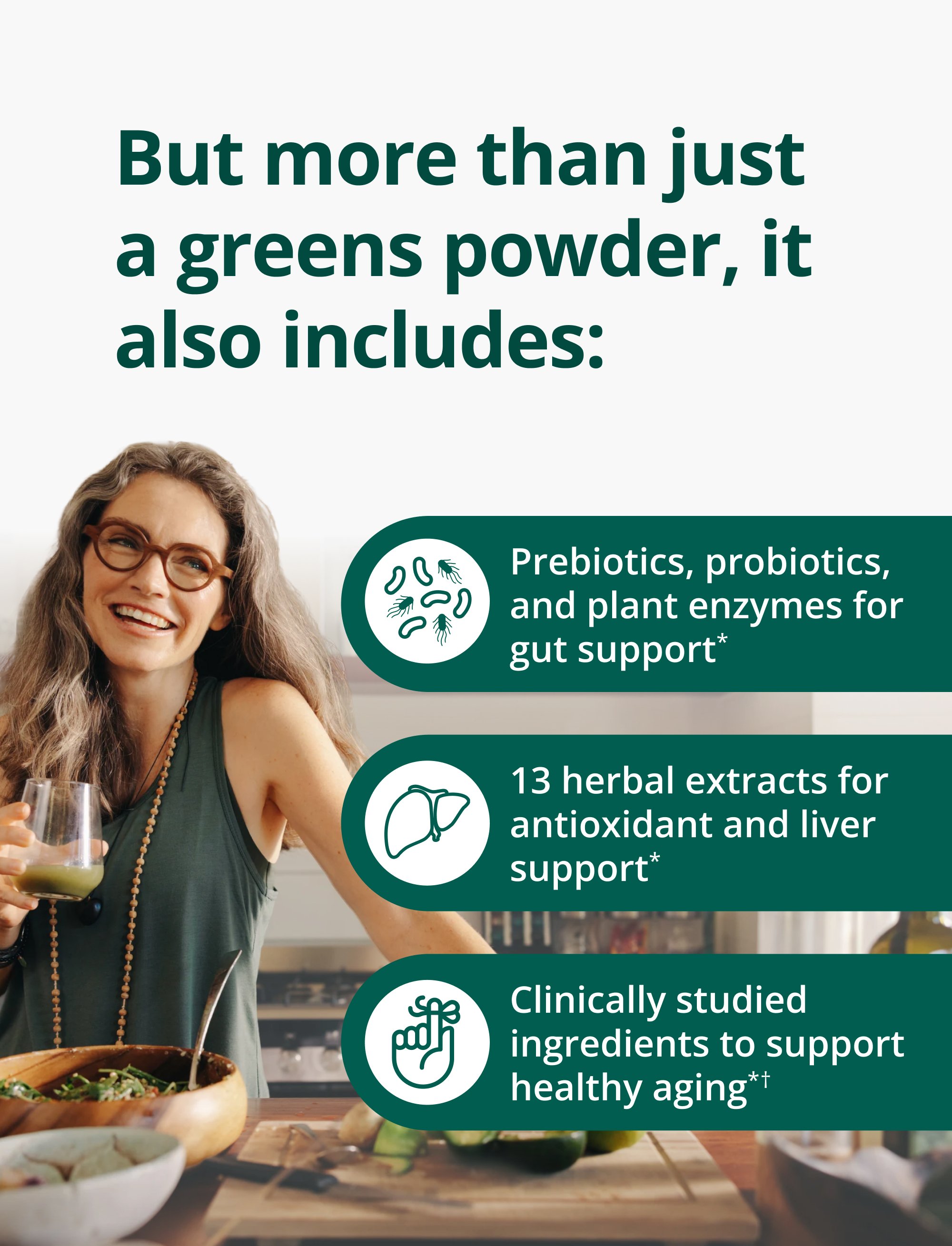 Person holding a glass of green drink and a bowl of salad beside text listing added ingredients including prebiotics, probiotics, plant enzymes, herbal extracts, and clinically studied nutrients.