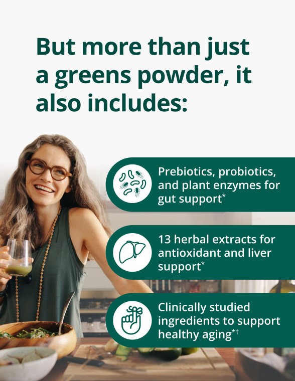 Person holding a glass of green drink and a bowl of salad beside text listing added ingredients including prebiotics, probiotics, plant enzymes, herbal extracts, and clinically studied nutrients.