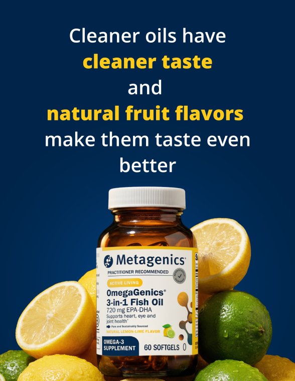 Flavor and quality graphic for Metagenics OmegaGenics® 3‑in‑1 Fish Oil 720 mg EPA‑DHA showing a bottle of the product surrounded by lemons and limes with text highlighting that cleaner oils have cleaner taste and natural fruit flavors improve palatability.