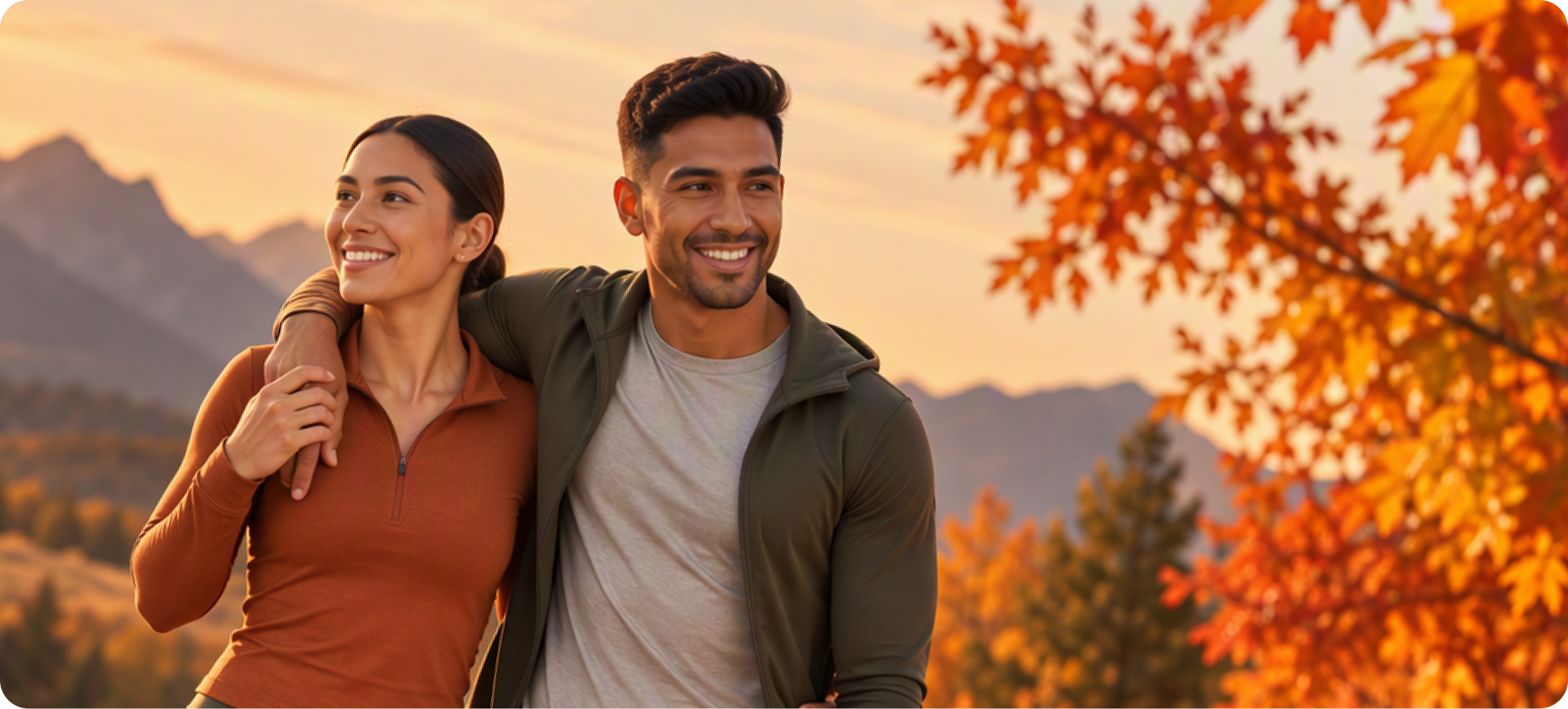 Two adults walking outdoors among colorful autumn, highlighting active lifestyle habits and Fall Wellness support.