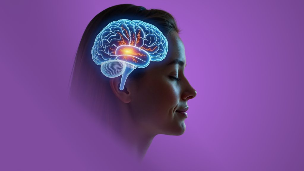 Side profile of a woman with eyes closed and a glowing blue brain illustration overlaid on her head, highlighting brain activity — cover image for an article on magnesium L-threonate and cognitive health