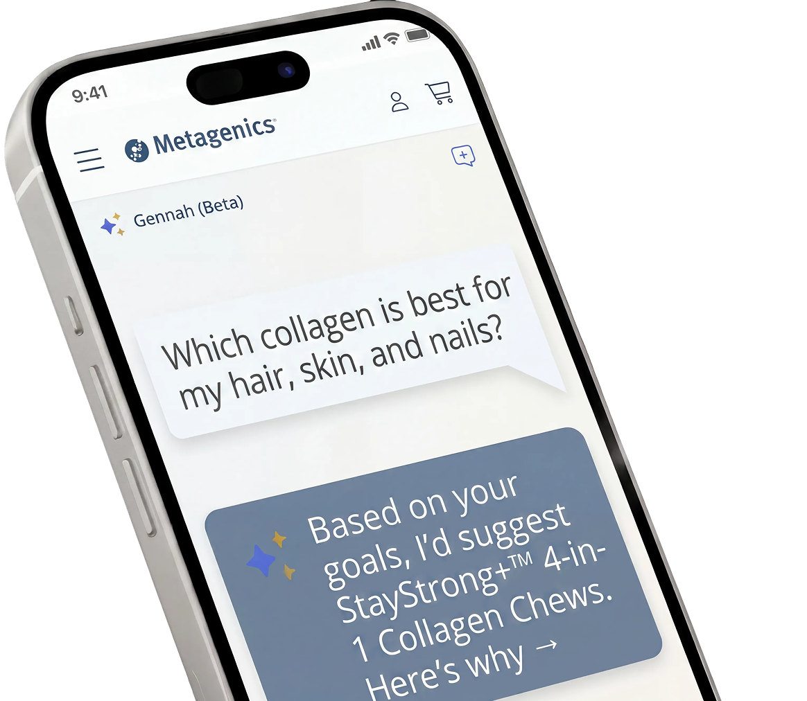 Mobile phone displaying the Metagenics® Gennah AI Product Advisor recommending the right StayStrong+™ collagen supplement based on personal wellness goals.