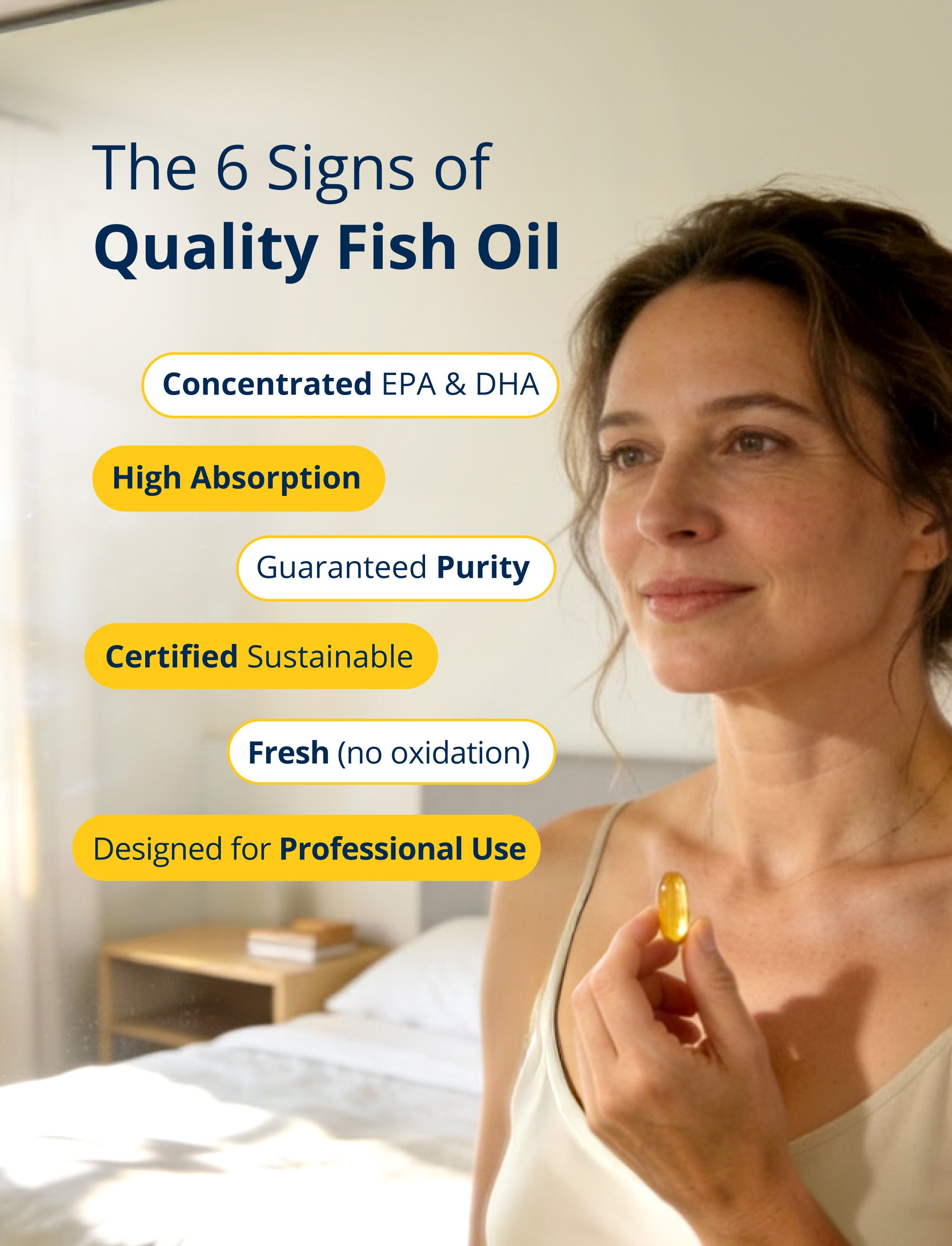 Quality‑standards graphic for Metagenics OmegaGenics® 3‑in‑1 Fish Oil 720 mg EPA‑DHA showing a person holding a capsule with text listing six indicators of high‑quality fish oil: concentrated EPA and DHA, high absorption, guaranteed purity, certified sustainable sourcing, freshness with no oxidation, and professional‑grade formulation.