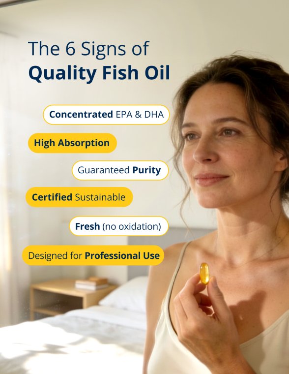 Quality‑standards graphic for Metagenics OmegaGenics® 3‑in‑1 Fish Oil 720 mg EPA‑DHA showing a person holding a capsule with text listing six indicators of high‑quality fish oil: concentrated EPA and DHA, high absorption, guaranteed purity, certified sustainable sourcing, freshness with no oxidation, and professional‑grade formulation.