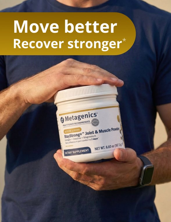 A person holding a StayStrong+ Joint & Muscle Powder packets box beside the headline “Move better. Recover stronger.” on a white background.