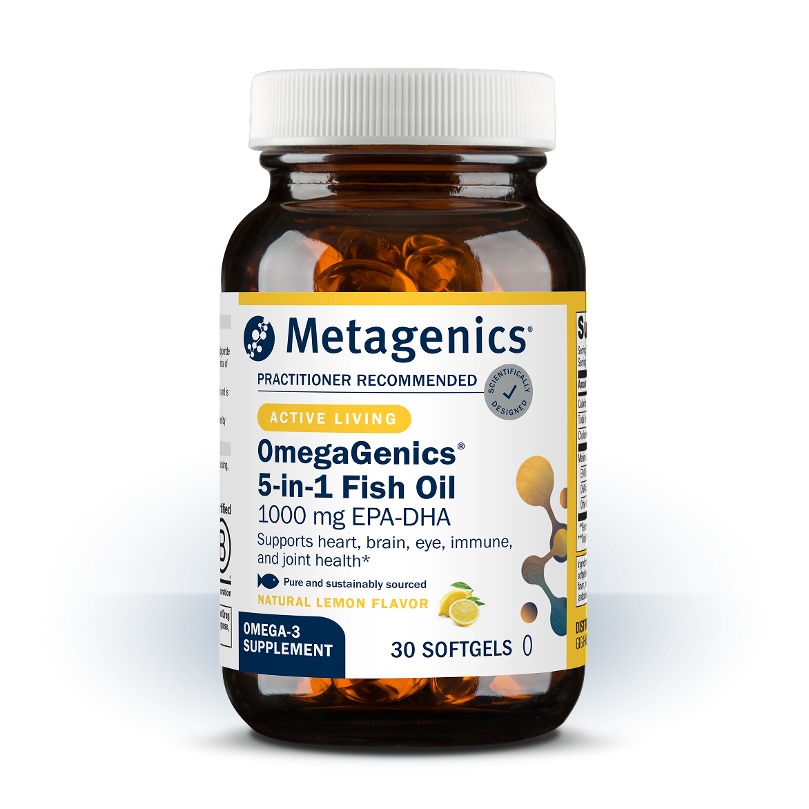 Bottle of Metagenics OmegaGenics® 5-in-1 Fish Oil 1000 mg EPA-DHA —30 softgels. Formulated to support heart, immune, bone, and muscle health.