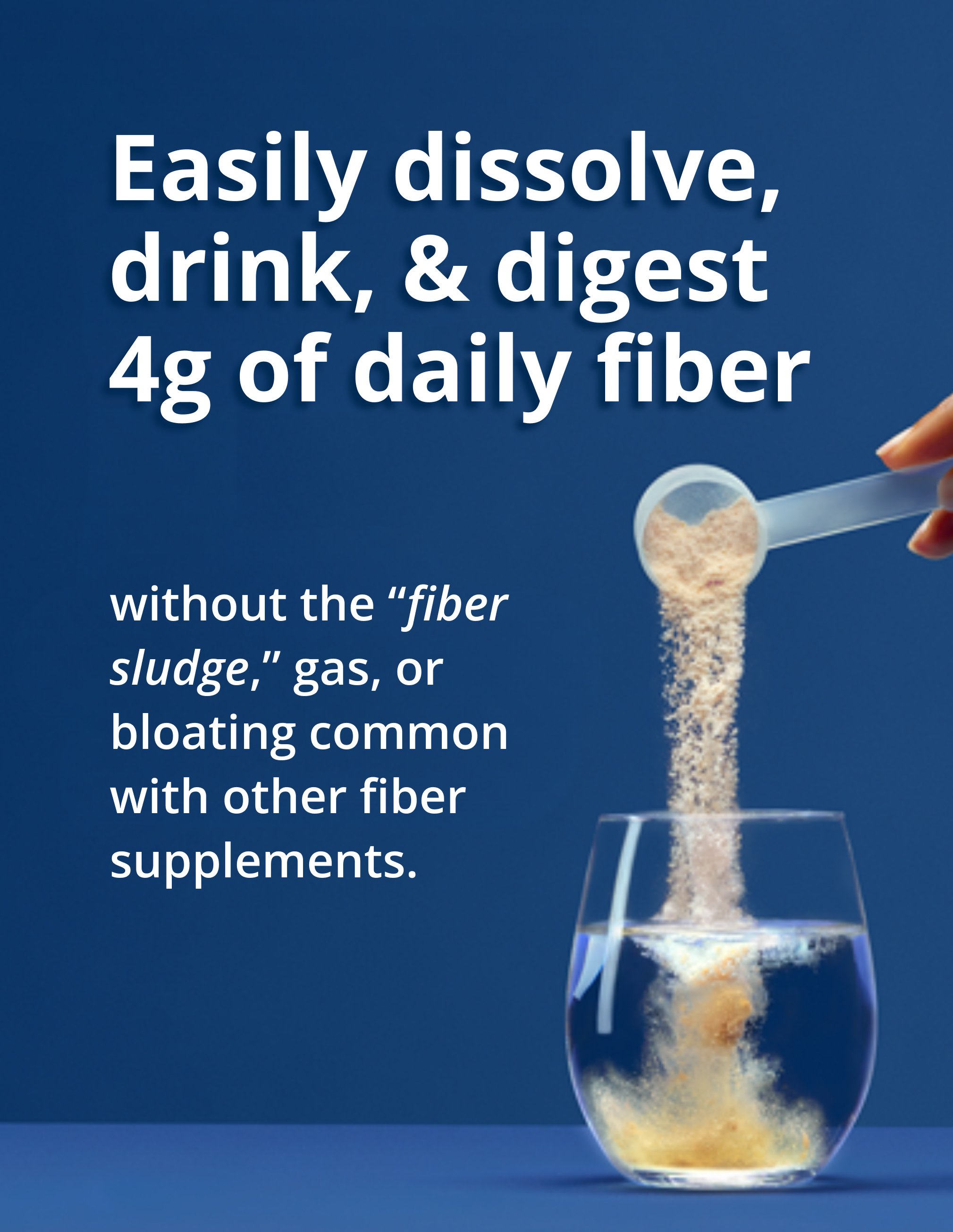 A scoop of powder pours into a clear glass of water against a blue background, illustrating how UltraFlora® Fiber + Prebiotics + Probiotics by Metagenics easily dissolves without clumping, showcasing this Fiber supplement powder as a gentle, no-sludge option for daily digestive support.
