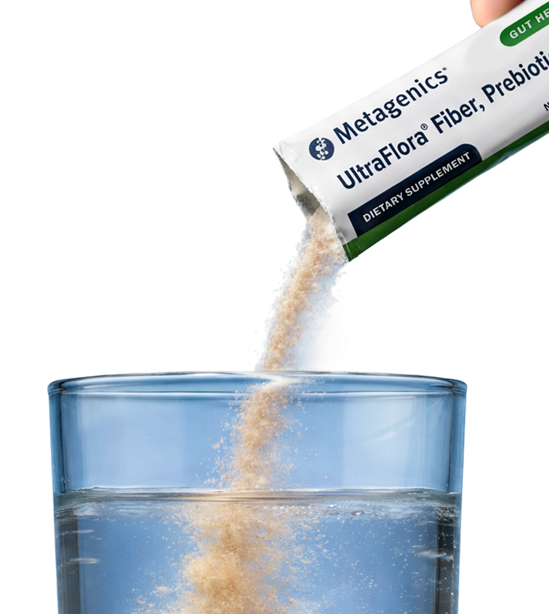Gut health vitamins & supplements featuring Metagenics UltraFlora Fiber, Prebiotic & Probiotic powder being poured into a glass of water.