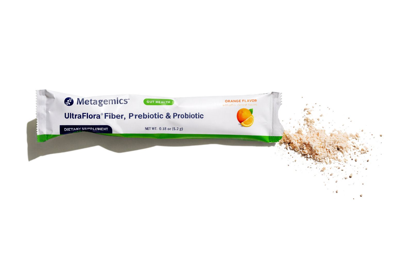 A single‑serve packet of Metagenics UltraFlora® Fiber + Prebiotic + Probiotic, shown with some of the orange‑citrus powder spilled beside it to highlight the product’s texture. Featured on a page about doctor recommended probiotics and daily fiber support.