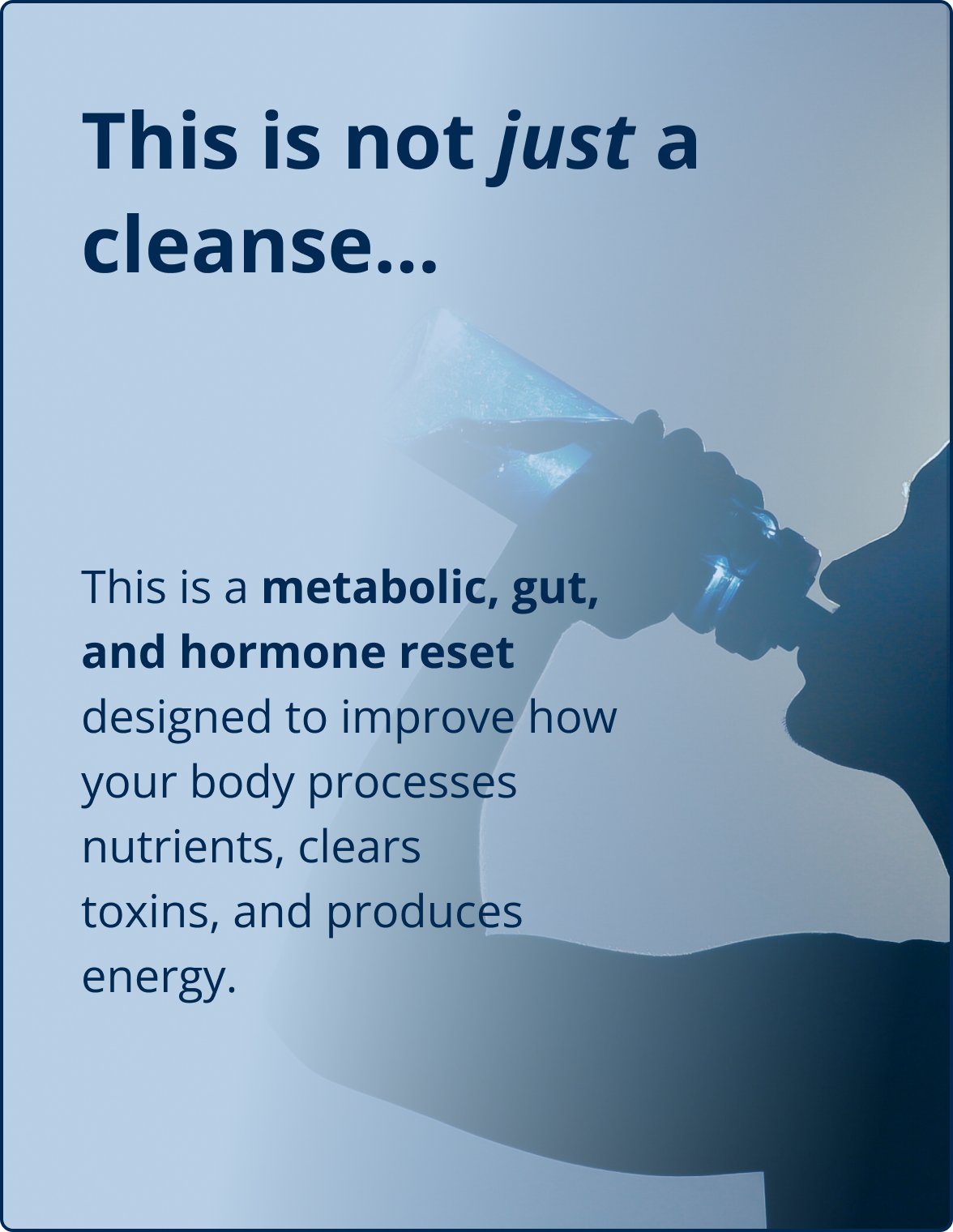 Educational content graphic for the Metagenics PracStack ‘Daily Detox Support by Dr. Patricia Guevara-Channell, MD,’ stating ‘This is not just a cleanse…’ and explaining that it is a metabolic, gut, and hormone reset designed to support how the body processes nutrients, clears toxins, and produces energy. Image shows a silhouette of a person drinking water against a blue background.