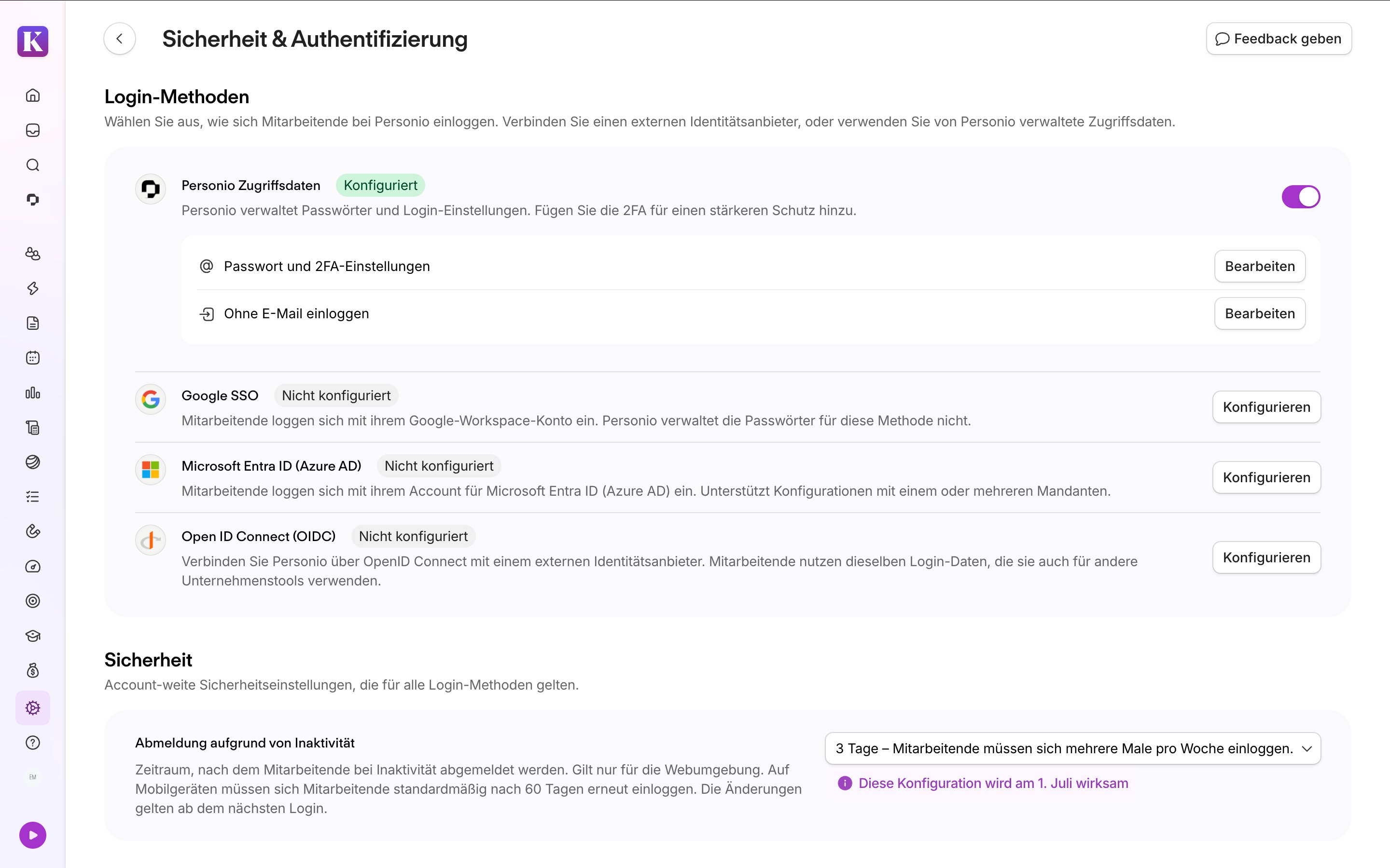Personio-Seite für Sicherheits- und Authentifizierungseinstellungen mit Anmeldemethoden – Personio-Anmeldedaten und Google SSO sind konfiguriert und aktiviert, während Microsoft Entra ID und OpenID Connect nicht konfiguriert sind. Das Sitzungs-Inaktivitäts-Timeout ist auf 3 Tage eingestellt.