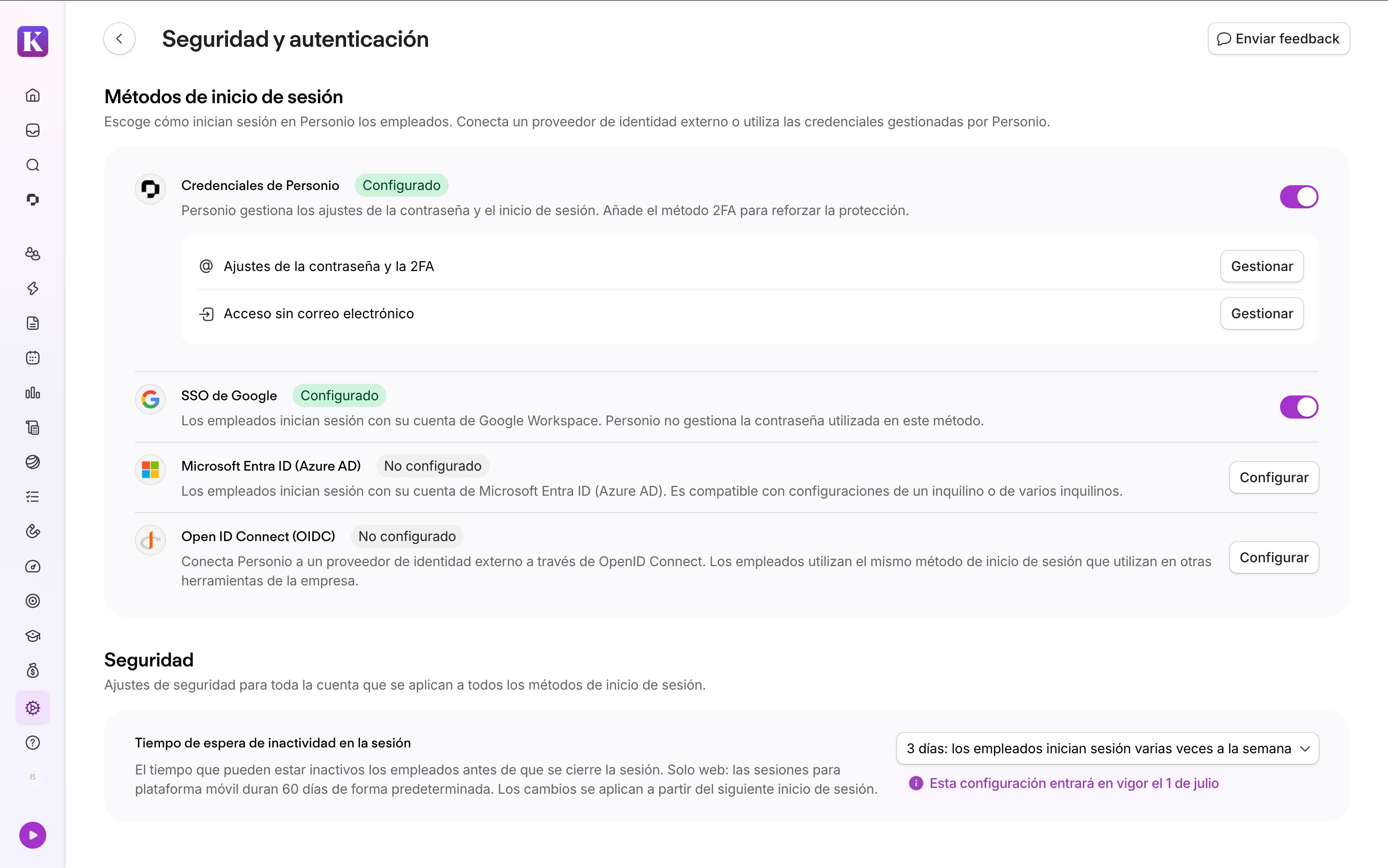 Página de configuración de seguridad y autenticación de Personio con los métodos de inicio de sesión — las credenciales de Personio y Google SSO están configurados y habilitados, mientras que Microsoft Entra ID y OpenID Connect no están configurados. El tiempo de espera por inactividad de sesión está establecido en 3 días.