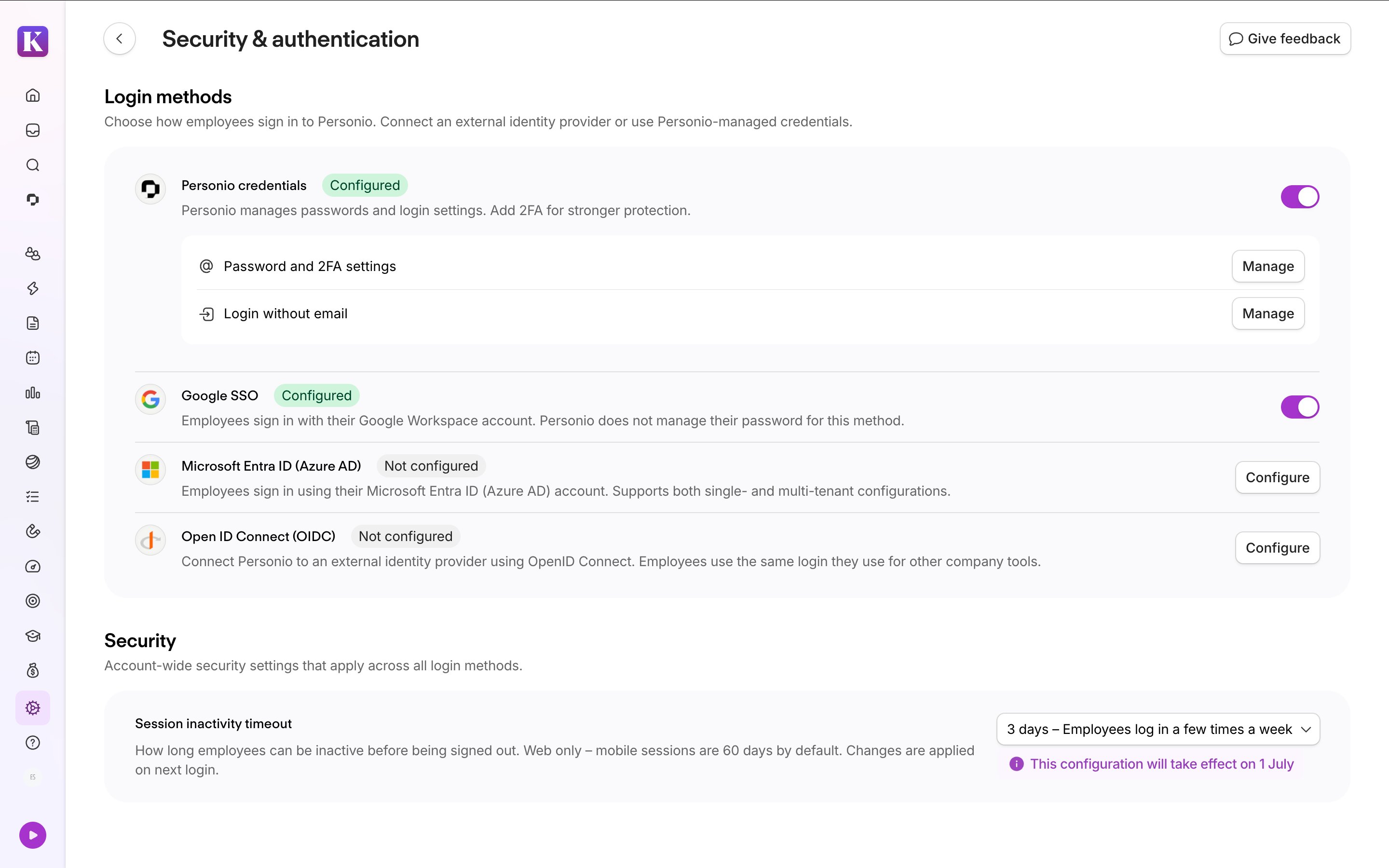 Personio Security & Authentication settings page showing login methods — Personio credentials and Google SSO are configured and enabled, while Microsoft Entra ID and OpenID Connect are not configured. The Session inactivity timeout is set to 3 days.