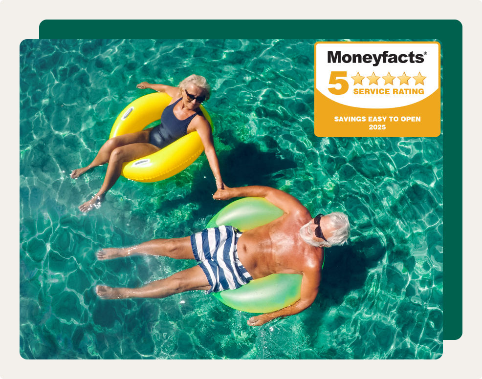 Photo of a senior couple floating in the ocean in an inflatable rings 