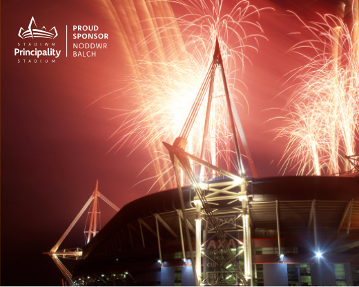 Principality Stadium at night with fireworks with the proud sponsors of Principality Stadium logo in the top left corner