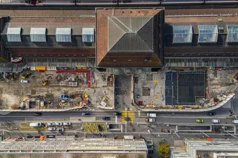vue aérienne de la place de la gare de Lausanne en chantier