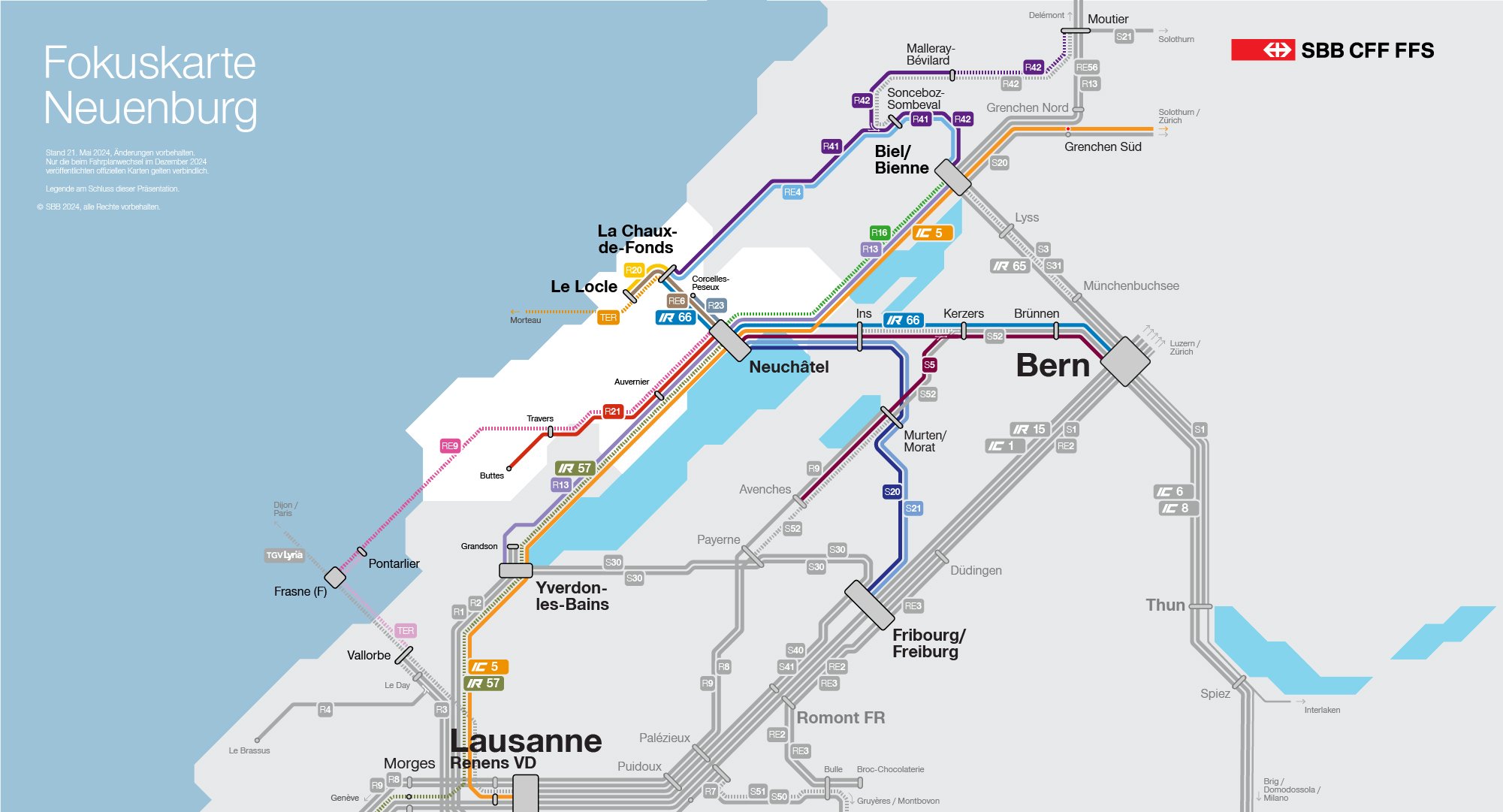 Dieses Bild zeigt die Veränderungen des Bahnverkehrs im Kanton Neuenburg in Form eines Schemas. Alle Änderungen sind auch im folgenden Text aufgelistet.