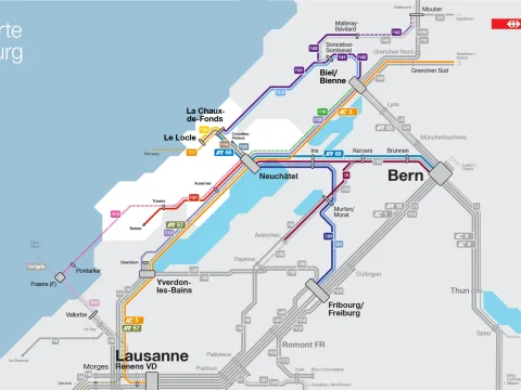 Dieses Bild zeigt die Veränderungen des Bahnverkehrs im Kanton Neuenburg in Form eines Schemas. Alle Änderungen sind auch im folgenden Text aufgelistet.