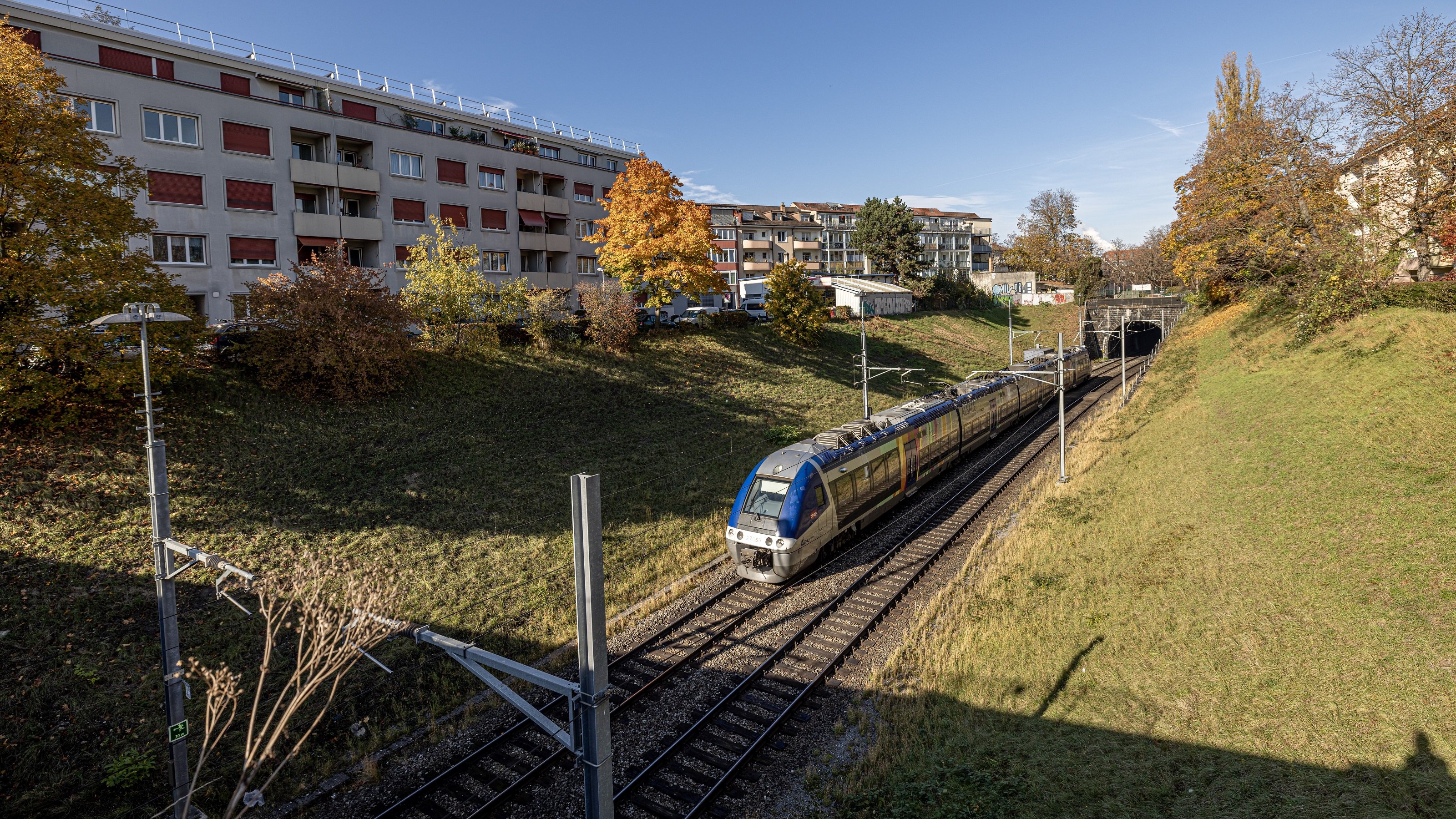 Ein blauer TER-Zug fährt auf Gleisen, die sich durch eine grüne Landschaft schlängeln, und nähert sich dem Eingang des Kannenfeldtunnels in Basel. Im Hintergrund sind mehrstöckige Gebäude und herbstlich gefärbte Bäume zu sehen. 