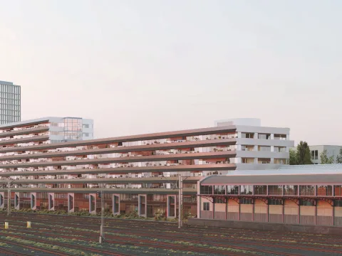 Visualisierung der gleisseitigen Aussensicht des Siegerprojekts «Janus»