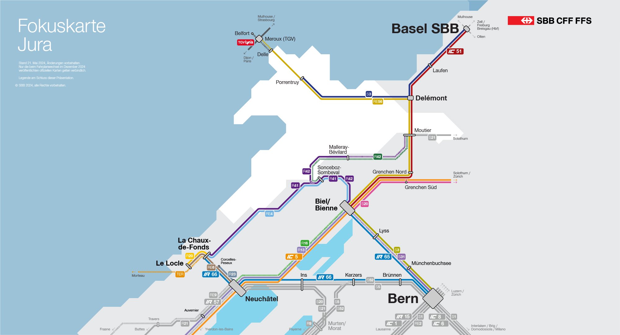 Diese visuelle Darstellung zeigt die Veränderungen des Bahnverkehrs im Kanton Jura in Form eines Schemas. Alle Änderungen sind auch im folgenden Text aufgelistet.