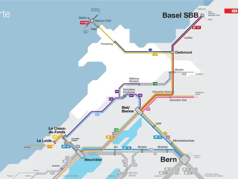 Diese visuelle Darstellung zeigt die Veränderungen des Bahnverkehrs im Kanton Jura in Form eines Schemas. Alle Änderungen sind auch im folgenden Text aufgelistet.