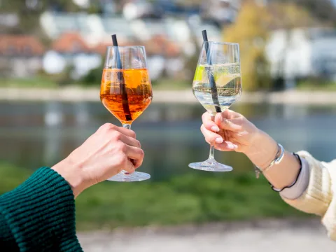 Zwei Personen stossen mit Getränken an. Im Hintergrund fliesst der Fluss Aaare vorbei.