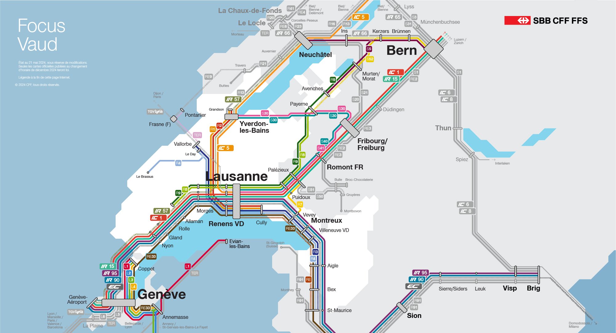Ce visuel montre les changements du trafic ferroviaire dans le canton de Vaud sous forme de schéma. Tous les changements sont également listés dans le texte ci-dessous.
