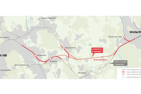 Übersichtskarte des Bahnausbaus zwischen Zürich und Winterthur wie im folgenden Text erklärt.