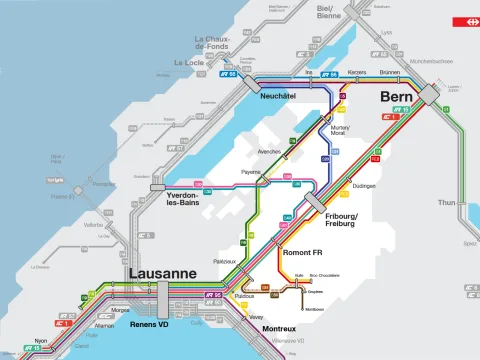 Ce visuel montre les changements du trafic ferroviaire dans le canton de Fribourg sous forme de schéma. Tous les changements sont également listés dans le texte ci-dessous.