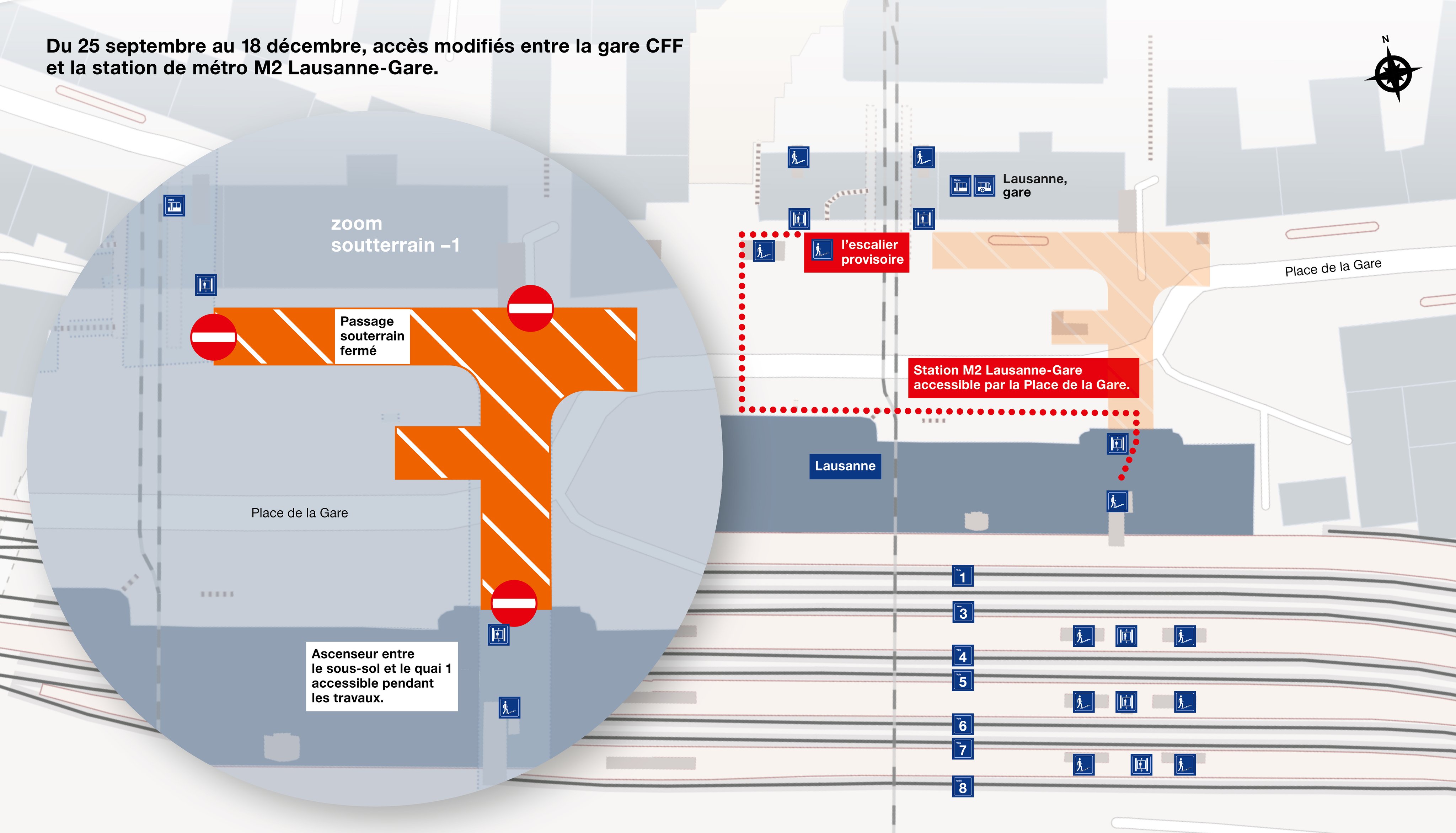 Graphique de la fermeture des cheminements entre la Gare de Lausanne et la station de métro m2 Lausanne-Gare.