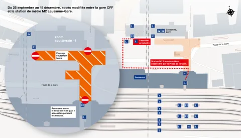 Graphique de la fermeture des cheminements entre la Gare de Lausanne et la station de métro m2 Lausanne-Gare.