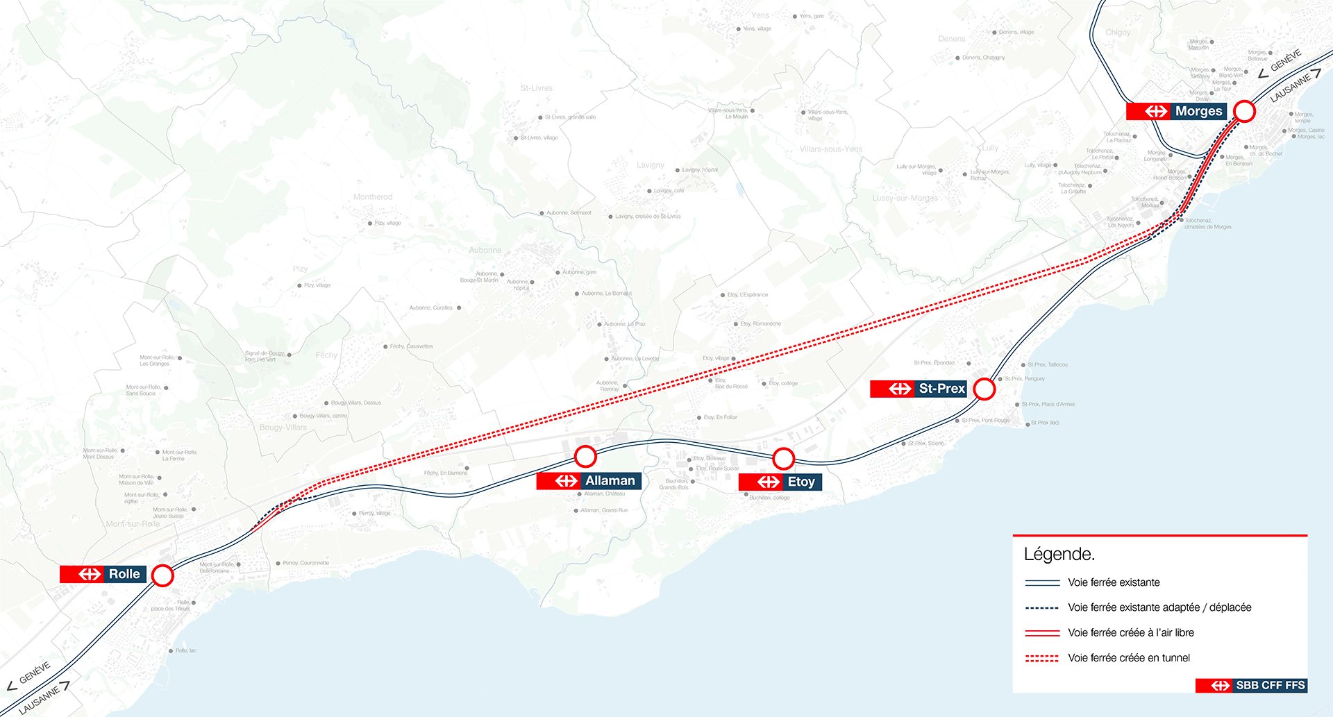 Schéma du tracé de la nouvelle double voie entre Morges et Perroy (tracé de référence approuvé le 25 juin 2026)
