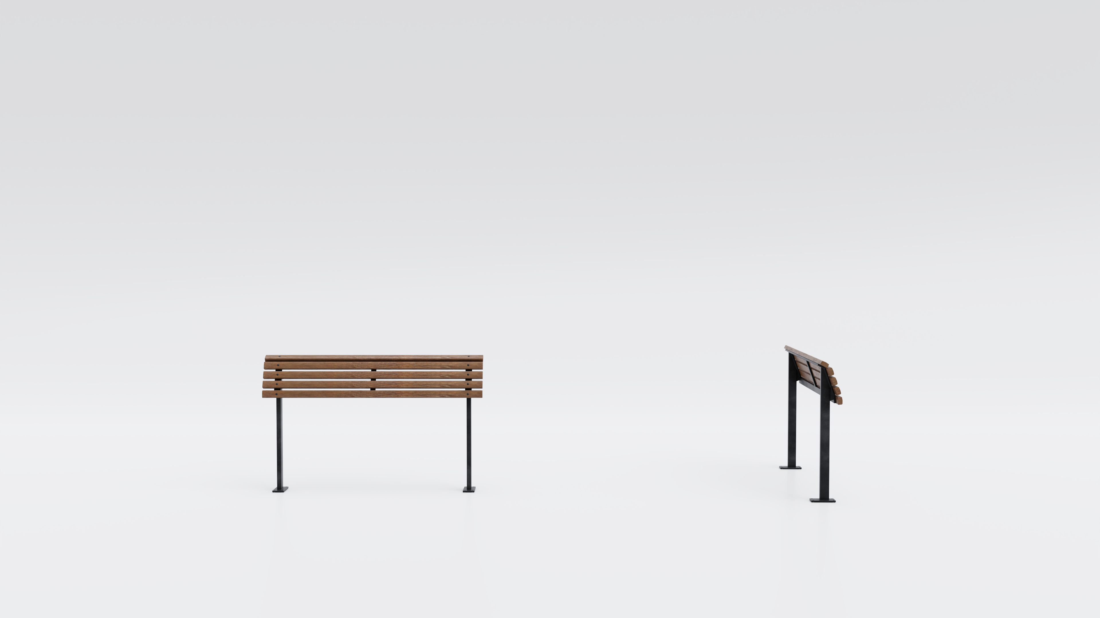 Visualisation of the wooden standing bench to lean against. The legs of the standing bench are made of metal. They are screwed to the floor.