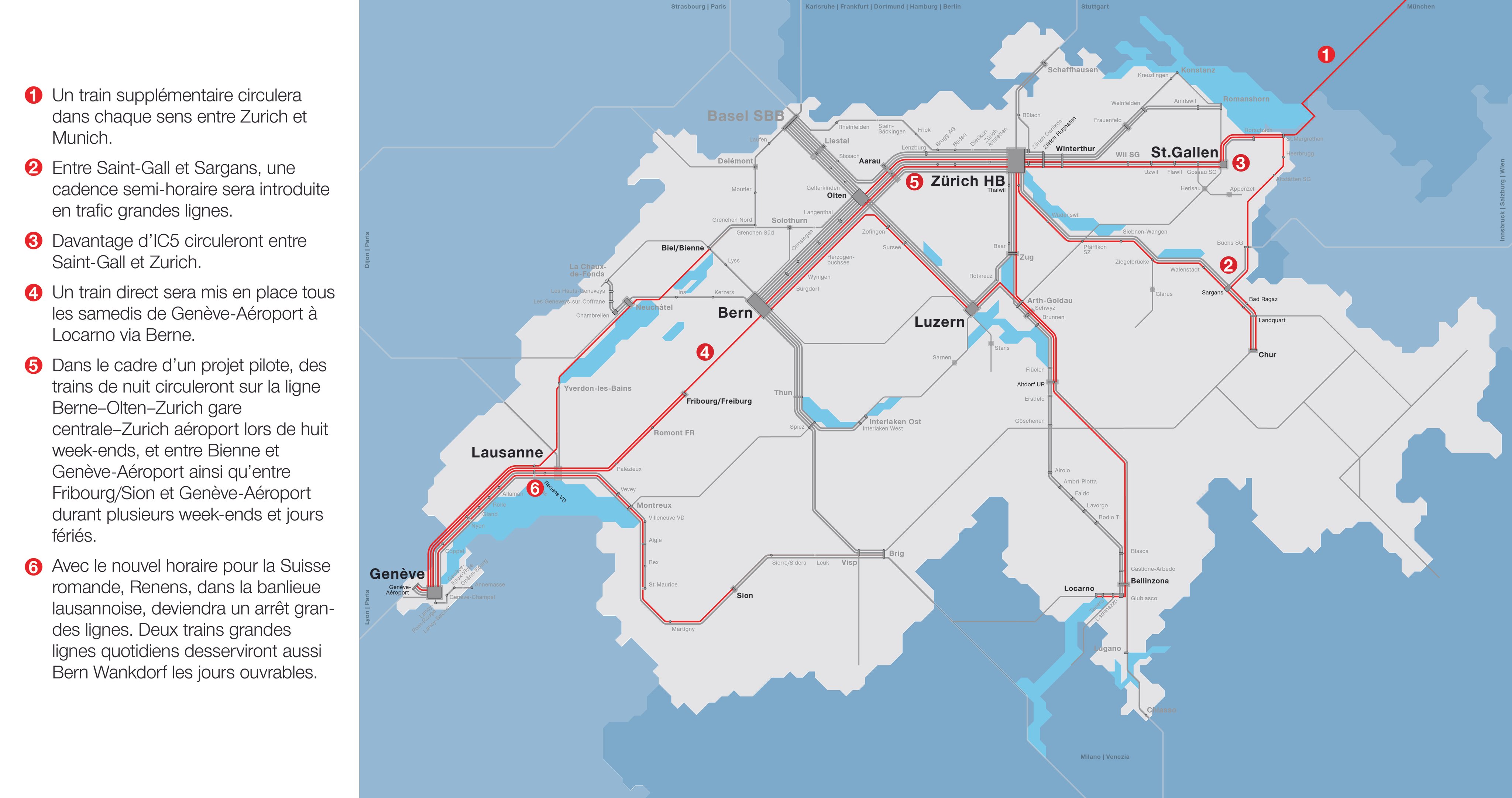 Carte présentant un aperçu des principales nouveautés de l’horaire 2025.