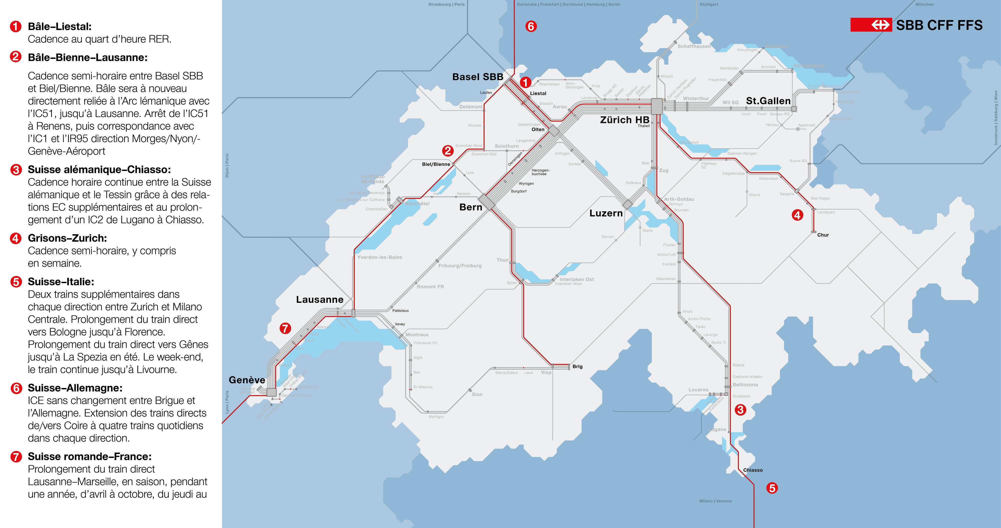 Carte de Suisse avec représentation graphique simplifiée des modifications mentionnées dans le texte.