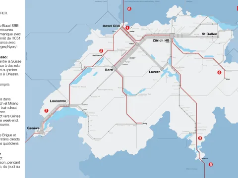 Carte de Suisse avec représentation graphique simplifiée des modifications mentionnées dans le texte.