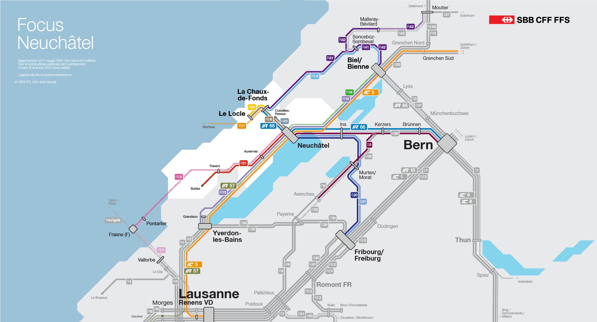 Questa immagine mostra in forma diagrammatica i cambiamenti del traffico ferroviario nel Cantone di Neuchâtel. Tutte le modifiche sono elencate anche nel testo sottostante.