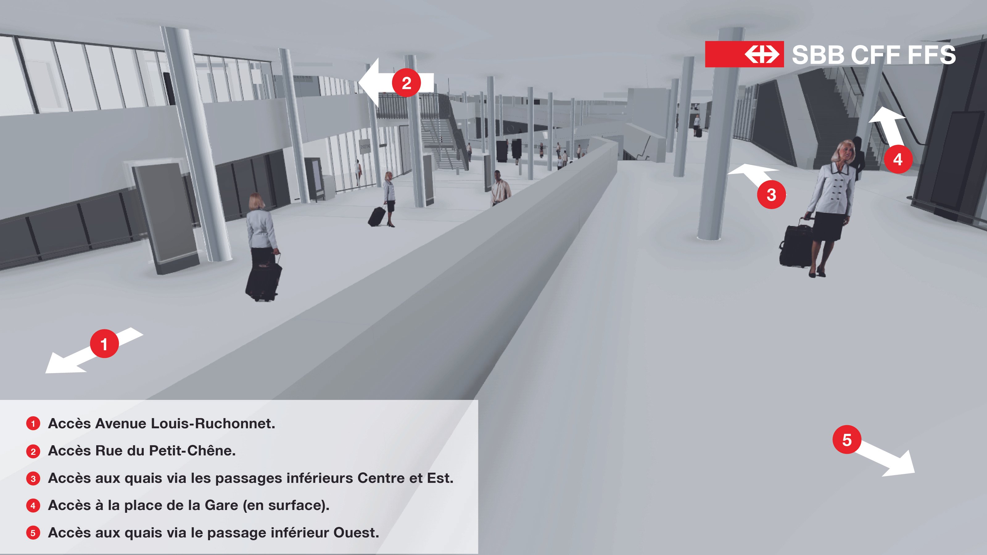 Image de synthèse du futur sous-sol de la Place de la Gare avec descriptions des différents accès