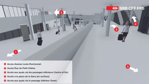 Image de synthèse du futur sous-sol de la Place de la Gare avec descriptions des différents accès